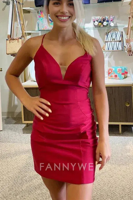 FannyWe Simple Simple Red Straps Boydycon Mini Party Dress formal wear dresses